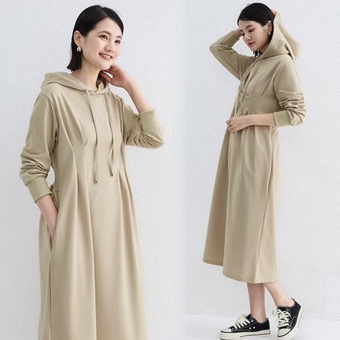 ワンピース ウエストタックパーカーワンピ レディース フード付き スウェットワンピ ハイウエスト Aラインワンピース ポケット付き 大人 長袖カットソーワンピ 1RIRIT-048