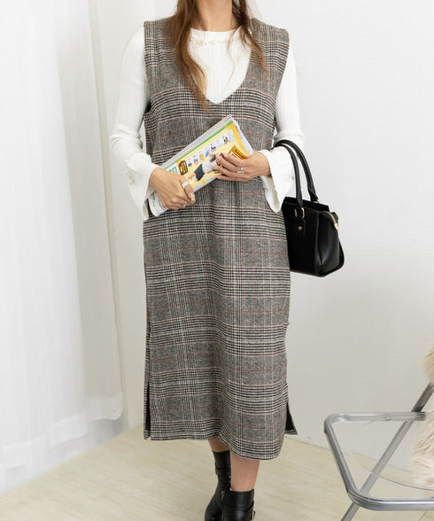 ジャンパースカート チェック柄ワンピース レディース サイドスリット ベストワンピース ノースリーブ vネック 着やせオールインワン 通学通勤 重ね着 体型カバー 1RIRIT-050