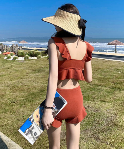 フリルビキニ 盛れる水着2点セット韓国風 タンキニ レディース セパレート水着 露出控えめスイムウェア ビスチェビキニ ハイウエスト水着ショーツ 体型カバーみずぎ 1RTENG-002