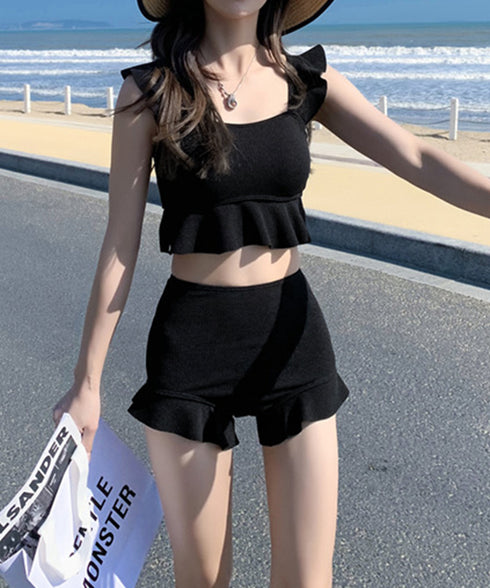 フリルビキニ 盛れる水着2点セット韓国風 タンキニ レディース セパレート水着 露出控えめスイムウェア ビスチェビキニ ハイウエスト水着ショーツ 体型カバーみずぎ 1RTENG-002