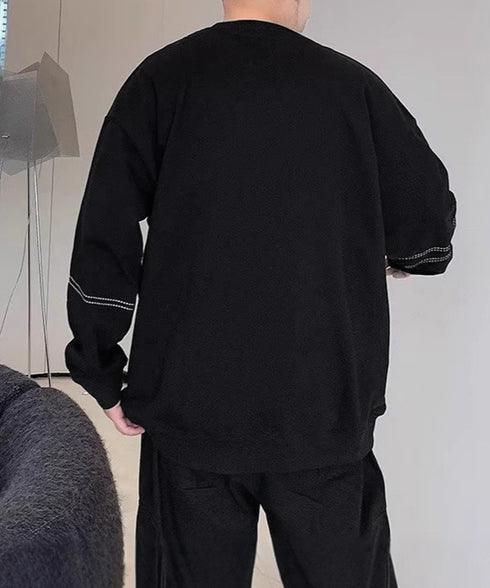 配色ステッチビッグロンT長袖メンズ韓国風 ドロップショルダー メンズTシャツ モード系オーバーサイズ長袖カットソー ルーズシルエット ストリートトップス ゆったり 1SHU-001