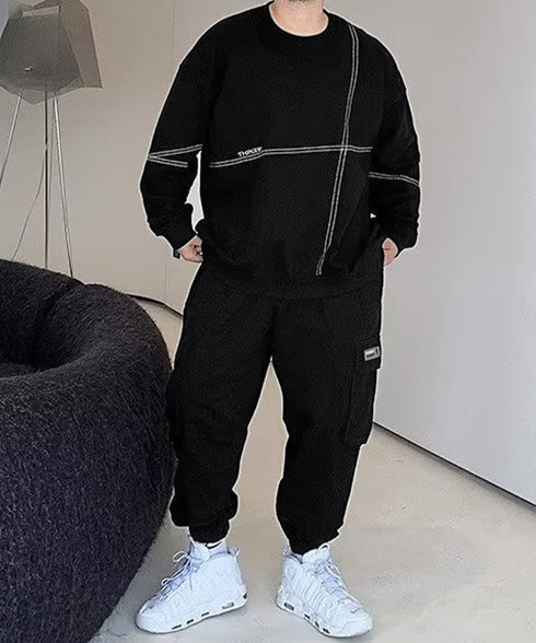 配色ステッチビッグロンT長袖メンズ韓国風 ドロップショルダー メンズTシャツ モード系オーバーサイズ長袖カットソー ルーズシルエット ストリートトップス ゆったり 1SHU-001