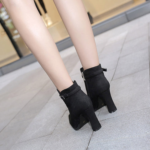 ショートブーツ レディース ショートブーツ レディース スエードブーティ 裏起毛 ポインテッドトゥ 太ヒール 靴 1SHUYU-001