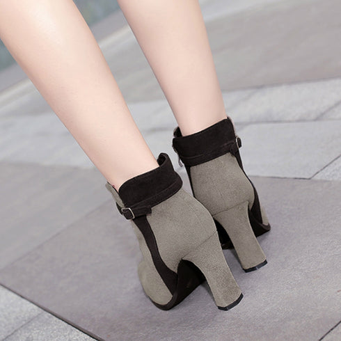 ショートブーツ レディース ショートブーツ レディース スエードブーティ 裏起毛 ポインテッドトゥ 太ヒール 靴 1SHUYU-001