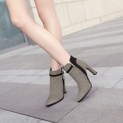 ショートブーツ レディース ショートブーツ レディース スエードブーティ 裏起毛 ポインテッドトゥ 太ヒール 靴 1SHUYU-001