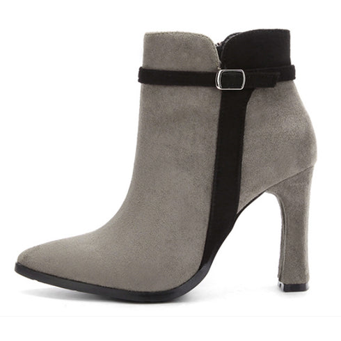 ショートブーツ レディース ショートブーツ レディース スエードブーティ 裏起毛 ポインテッドトゥ 太ヒール 靴 1SHUYU-001