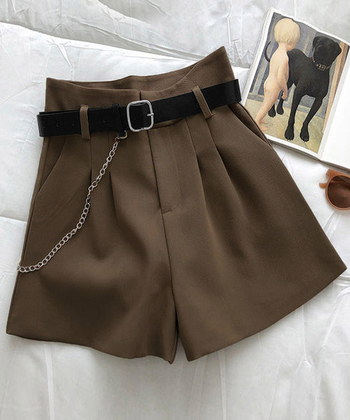 ハイウエスト ショートパンツ レディース タックショートパンツ ベルト付き ベーシック 大人っぽかわいい Aライン ショーパン お洒落 着やせ チェーン付き短パン 1SUYUZI-003