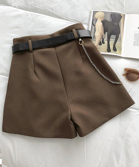 ハイウエスト ショートパンツ レディース タックショートパンツ ベルト付き ベーシック 大人っぽかわいい Aライン ショーパン お洒落 着やせ チェーン付き短パン 1SUYUZI-003