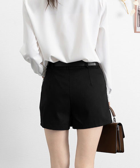 ハイウエスト ショートパンツ レディース タックショートパンツ ベルト付き ベーシック 大人っぽかわいい Aライン ショーパン お洒落 着やせ チェーン付き短パン 1SUYUZI-003