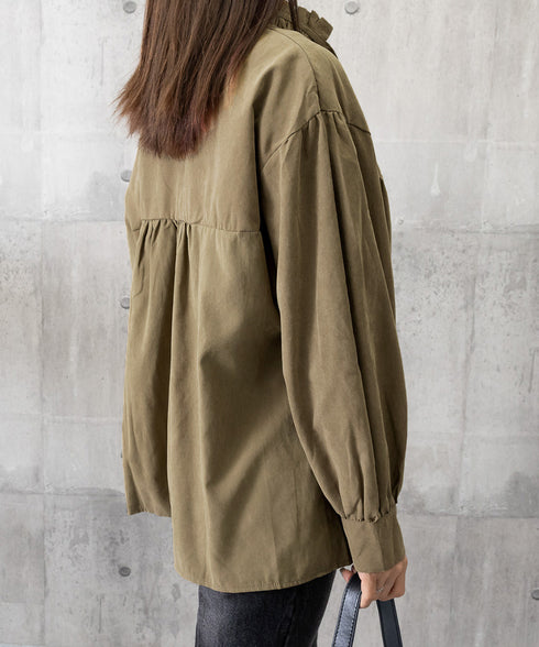 フリル衿ブラウス 長袖タックシャツ韓国風 大人可愛い ボリューム袖シャツ レディースおしゃれ キレイめトップス リボンブラウス ゆったり 体型カバー春秋服 着やせ 1SUYUZI-007