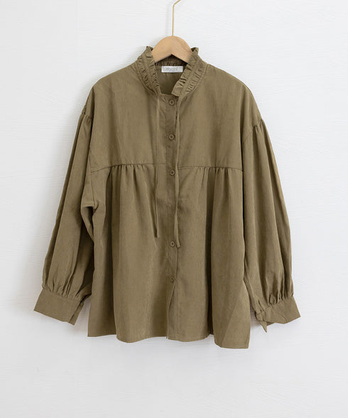 フリル衿ブラウス 長袖タックシャツ韓国風 大人可愛い ボリューム袖シャツ レディースおしゃれ キレイめトップス リボンブラウス ゆったり 体型カバー春秋服 着やせ 1SUYUZI-007