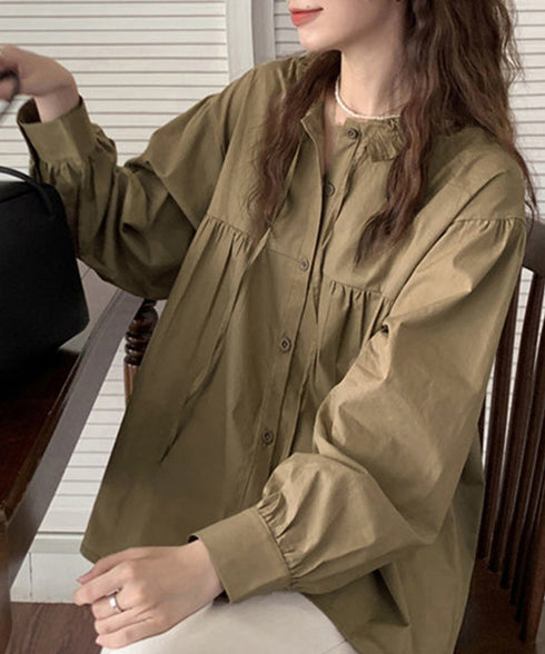 フリル衿ブラウス 長袖タックシャツ韓国風 大人可愛い ボリューム袖シャツ レディースおしゃれ キレイめトップス リボンブラウス ゆったり 体型カバー春秋服 着やせ 1SUYUZI-007