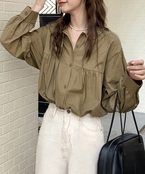 フリル衿ブラウス 長袖タックシャツ韓国風 大人可愛い ボリューム袖シャツ レディースおしゃれ キレイめトップス リボンブラウス ゆったり 体型カバー春秋服 着やせ 1SUYUZI-007