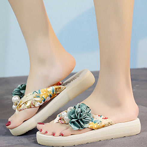 ビーチサンダル 造花飾り トングサンダル ローヒール 滑り止めサンダル 疲れない リゾートスリッパ 温泉 軽量 厚底サンダル ボヘミアン風 コンフォートサンダル海 1WLONG-002