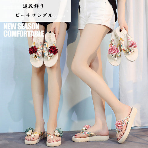 ビーチサンダル 造花飾り トングサンダル ローヒール 滑り止めサンダル 疲れない リゾートスリッパ 温泉 軽量 厚底サンダル ボヘミアン風 コンフォートサンダル海 1WLONG-002