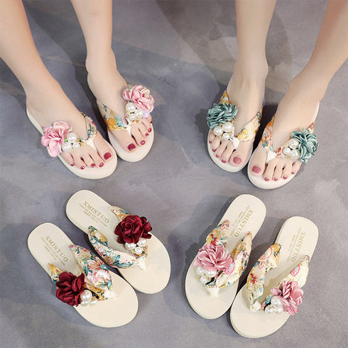 ビーチサンダル 造花飾り トングサンダル ローヒール 滑り止めサンダル 疲れない リゾートスリッパ 温泉 軽量 厚底サンダル ボヘミアン風 コンフォートサンダル海 1WLONG-002