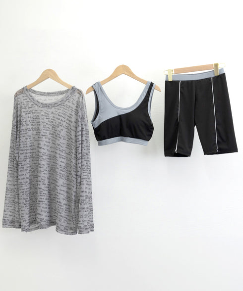 フィットネス水着セット 体型カバー着やせ 水着レディース スイムウェア ショートパンツ スポーツブラ 日焼け対策 ロゴラッシュガード 水着3点セット タンキニ水着 1WUZX-003