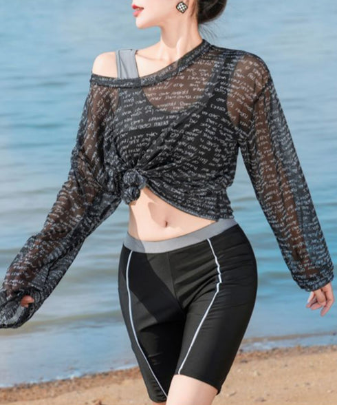 フィットネス水着セット 体型カバー着やせ 水着レディース スイムウェア ショートパンツ スポーツブラ 日焼け対策 ロゴラッシュガード 水着3点セット タンキニ水着 1WUZX-003