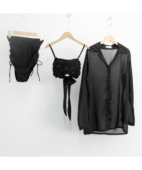 ビキニ水着3点セット カーディガン韓国風 セパレート水着 ハイウエストショーツ シアーカーディガン 日焼け防止スイムウェア 海水浴 オトナ女子 盛れる水着 着やせ 1WUZX-004