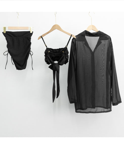 ビキニ水着3点セット カーディガン韓国風 セパレート水着 ハイウエストショーツ シアーカーディガン 日焼け防止スイムウェア 海水浴 オトナ女子 盛れる水着 着やせ 1WUZX-004