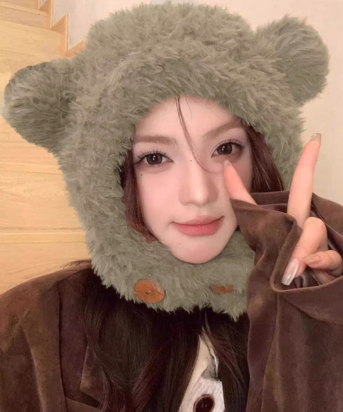 くま耳帽子韓国風ニットキャップファー帽子 ボア帽子もこもこ 暖かいニット帽熊耳 モフモフアニマル帽子大人可愛い 小顔帽子レディース秋冬 おしゃれ 防寒対策帽子人気 1XBSHANG-001