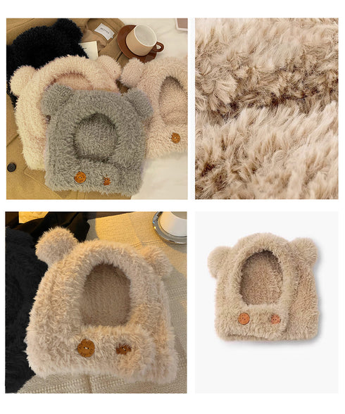 くま耳帽子韓国風ニットキャップファー帽子 ボア帽子もこもこ 暖かいニット帽熊耳 モフモフアニマル帽子大人可愛い 小顔帽子レディース秋冬 おしゃれ 防寒対策帽子人気 1XBSHANG-001
