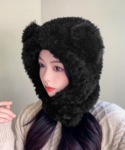 くま耳帽子韓国風ニットキャップファー帽子 ボア帽子もこもこ 暖かいニット帽熊耳 モフモフアニマル帽子大人可愛い 小顔帽子レディース秋冬 おしゃれ 防寒対策帽子人気 1XBSHANG-001