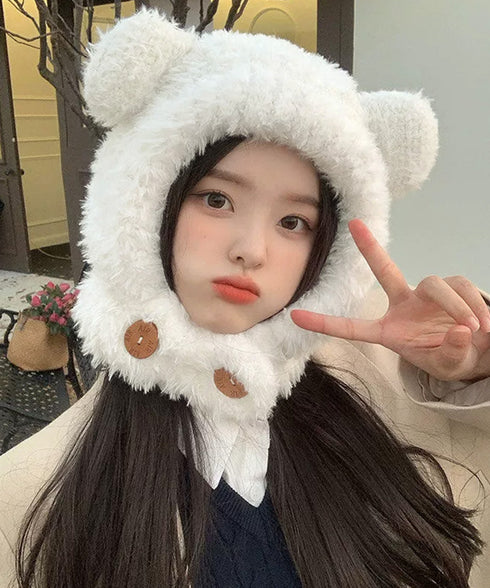 くま耳帽子韓国風ニットキャップファー帽子 ボア帽子もこもこ 暖かいニット帽熊耳 モフモフアニマル帽子大人可愛い 小顔帽子レディース秋冬 おしゃれ 防寒対策帽子人気 1XBSHANG-001