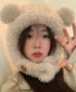 くま耳帽子韓国風ニットキャップファー帽子 ボア帽子もこもこ 暖かいニット帽熊耳 モフモフアニマル帽子大人可愛い 小顔帽子レディース秋冬 おしゃれ 防寒対策帽子人気 1XBSHANG-001