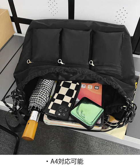 ドローストリングショルダーバッグ 大容量 マルチポケットナイロンバッグ カジュアル巾着バッグ 大きめ肩掛けバッグ 通勤通学 旅行手提げバッグ 多収納かばん男女兼用 1XIUF-078