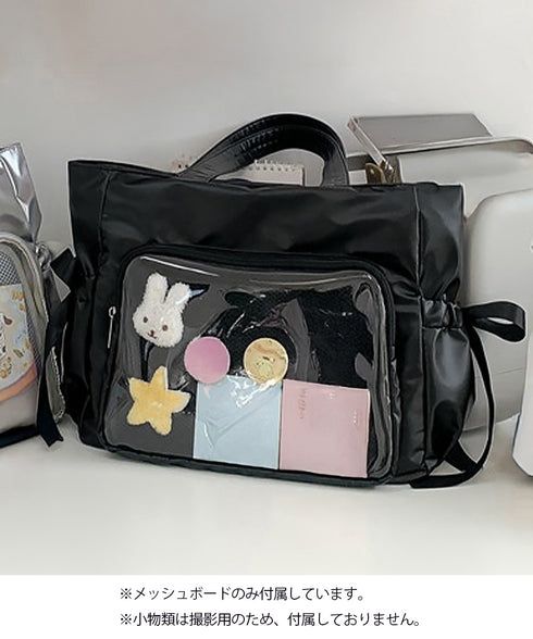 痛バッグ 大人可愛い リボントートバッグ おしゃれサテン風ギャザーバッグ A4軽量 推し活グッズ肩掛けカバン レディース透明バッグ スクエアバッグ大容量きれいめ鞄 1XIUF-079