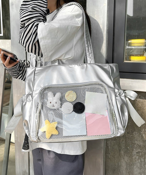 痛バッグ 大人可愛い リボントートバッグ おしゃれサテン風ギャザーバッグ A4軽量 推し活グッズ肩掛けカバン レディース透明バッグ スクエアバッグ大容量きれいめ鞄 1XIUF-079