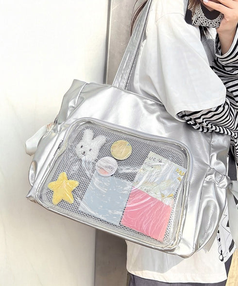 痛バッグ 大人可愛い リボントートバッグ おしゃれサテン風ギャザーバッグ A4軽量 推し活グッズ肩掛けカバン レディース透明バッグ スクエアバッグ大容量きれいめ鞄 1XIUF-079