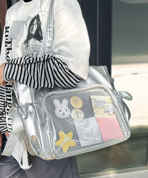 痛バッグ 大人可愛い リボントートバッグ おしゃれサテン風ギャザーバッグ A4軽量 推し活グッズ肩掛けカバン レディース透明バッグ スクエアバッグ大容量きれいめ鞄 1XIUF-079