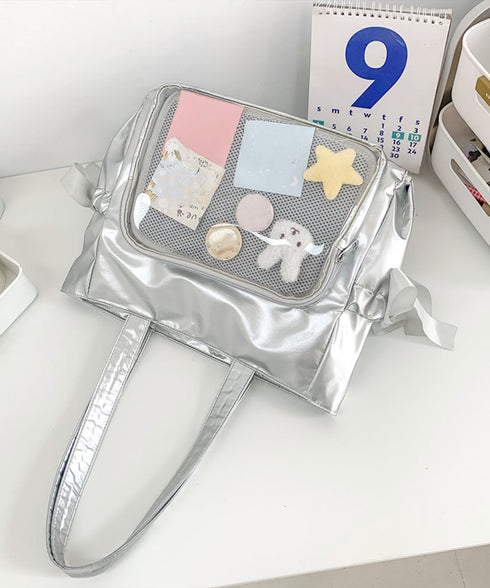 痛バッグ 大人可愛い リボントートバッグ おしゃれサテン風ギャザーバッグ A4軽量 推し活グッズ肩掛けカバン レディース透明バッグ スクエアバッグ大容量きれいめ鞄 1XIUF-079