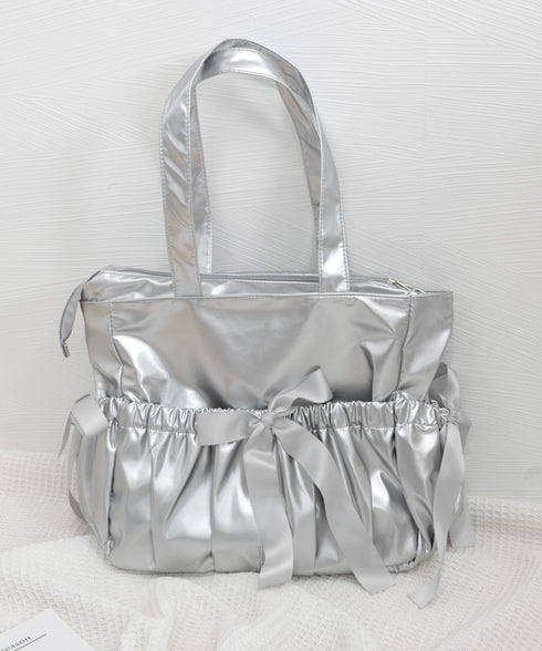 痛バッグ 大人可愛い リボントートバッグ おしゃれサテン風ギャザーバッグ A4軽量 推し活グッズ肩掛けカバン レディース透明バッグ スクエアバッグ大容量きれいめ鞄 1XIUF-079