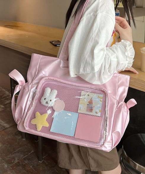 痛バッグ 大人可愛い リボントートバッグ おしゃれサテン風ギャザーバッグ A4軽量 推し活グッズ肩掛けカバン レディース透明バッグ スクエアバッグ大容量きれいめ鞄 1XIUF-079