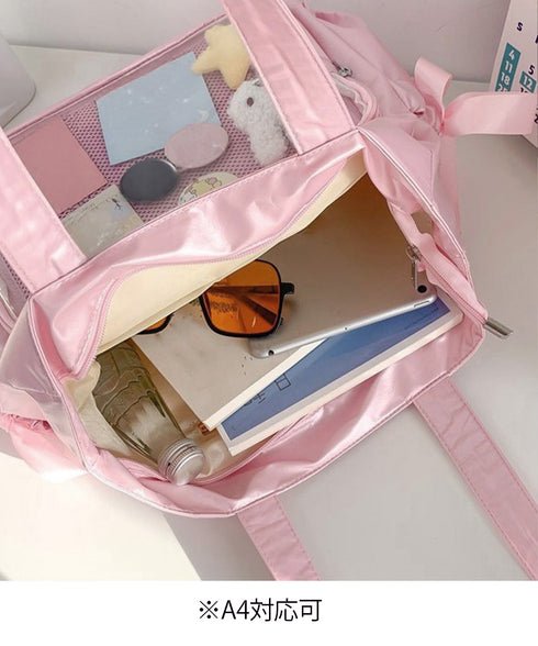 痛バッグ 大人可愛い リボントートバッグ おしゃれサテン風ギャザーバッグ A4軽量 推し活グッズ肩掛けカバン レディース透明バッグ スクエアバッグ大容量きれいめ鞄 1XIUF-079