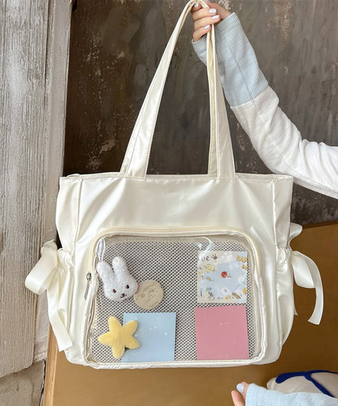 痛バッグ 大人可愛い リボントートバッグ おしゃれサテン風ギャザーバッグ A4軽量 推し活グッズ肩掛けカバン レディース透明バッグ スクエアバッグ大容量きれいめ鞄 1XIUF-079