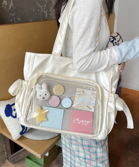 痛バッグ 大人可愛い リボントートバッグ おしゃれサテン風ギャザーバッグ A4軽量 推し活グッズ肩掛けカバン レディース透明バッグ スクエアバッグ大容量きれいめ鞄 1XIUF-079