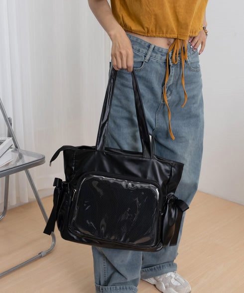 痛バッグ 大人可愛い リボントートバッグ おしゃれサテン風ギャザーバッグ A4軽量 推し活グッズ肩掛けカバン レディース透明バッグ スクエアバッグ大容量きれいめ鞄 1XIUF-079