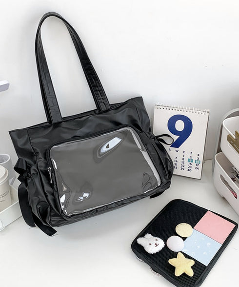 痛バッグ 大人可愛い リボントートバッグ おしゃれサテン風ギャザーバッグ A4軽量 推し活グッズ肩掛けカバン レディース透明バッグ スクエアバッグ大容量きれいめ鞄 1XIUF-079