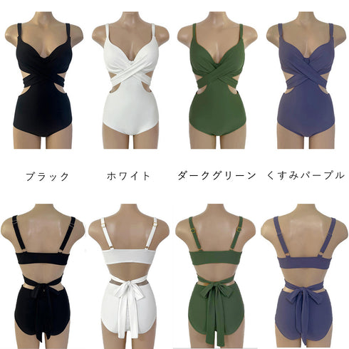水着 モノキニ オールインワンワンピース フロントクロス セクシー水着 バックリボン 盛れる水着 ハイウエスト 大人女子 体型カバーママ水着 韓国風 ビーチウェア 1XUYUE-002