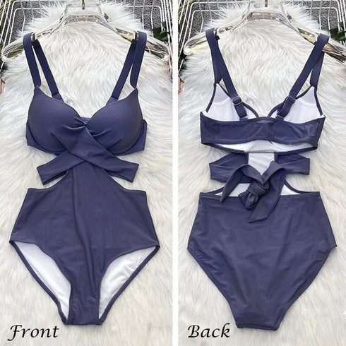 水着 モノキニ オールインワンワンピース フロントクロス セクシー水着 バックリボン 盛れる水着 ハイウエスト 大人女子 体型カバーママ水着 韓国風 ビーチウェア 1XUYUE-002