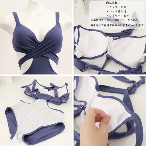 水着 モノキニ オールインワンワンピース フロントクロス セクシー水着 バックリボン 盛れる水着 ハイウエスト 大人女子 体型カバーママ水着 韓国風 ビーチウェア 1XUYUE-002