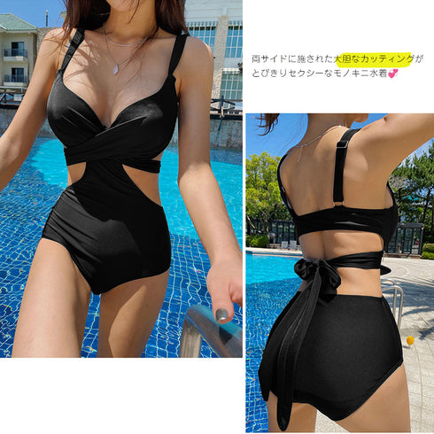 水着 モノキニ オールインワンワンピース フロントクロス セクシー水着 バックリボン 盛れる水着 ハイウエスト 大人女子 体型カバーママ水着 韓国風 ビーチウェア 1XUYUE-002