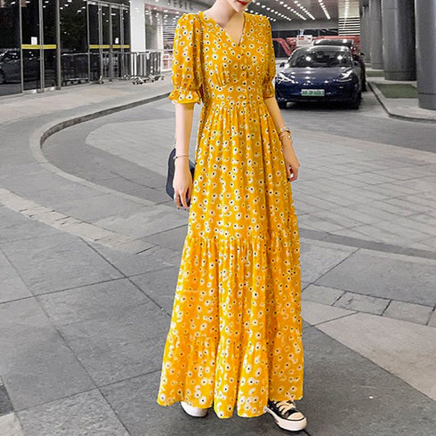 ティアード ワンピース レディース 春夏 ロングワンピ 薄手 Vネック フレアワンピース 春夏コーデ 花柄ワンピ 半袖 フリル袖 リゾートワンピース 体型カバー 1YDG-001