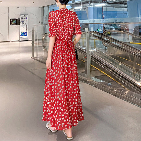 ティアード ワンピース レディース 春夏 ロングワンピ 薄手 Vネック フレアワンピース 春夏コーデ 花柄ワンピ 半袖 フリル袖 リゾートワンピース 体型カバー 1YDG-001