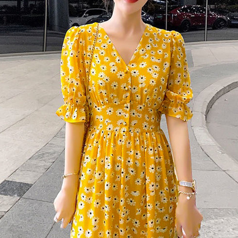 ティアード ワンピース レディース 春夏 ロングワンピ 薄手 Vネック フレアワンピース 春夏コーデ 花柄ワンピ 半袖 フリル袖 リゾートワンピース 体型カバー 1YDG-001