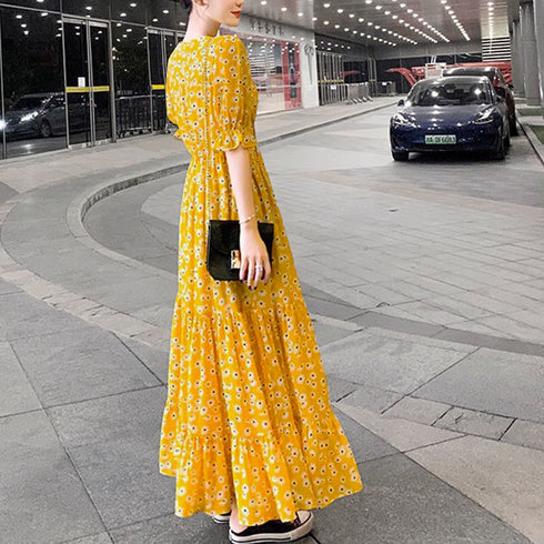 ティアード ワンピース レディース 春夏 ロングワンピ 薄手 Vネック フレアワンピース 春夏コーデ 花柄ワンピ 半袖 フリル袖 リゾートワンピース 体型カバー 1YDG-001